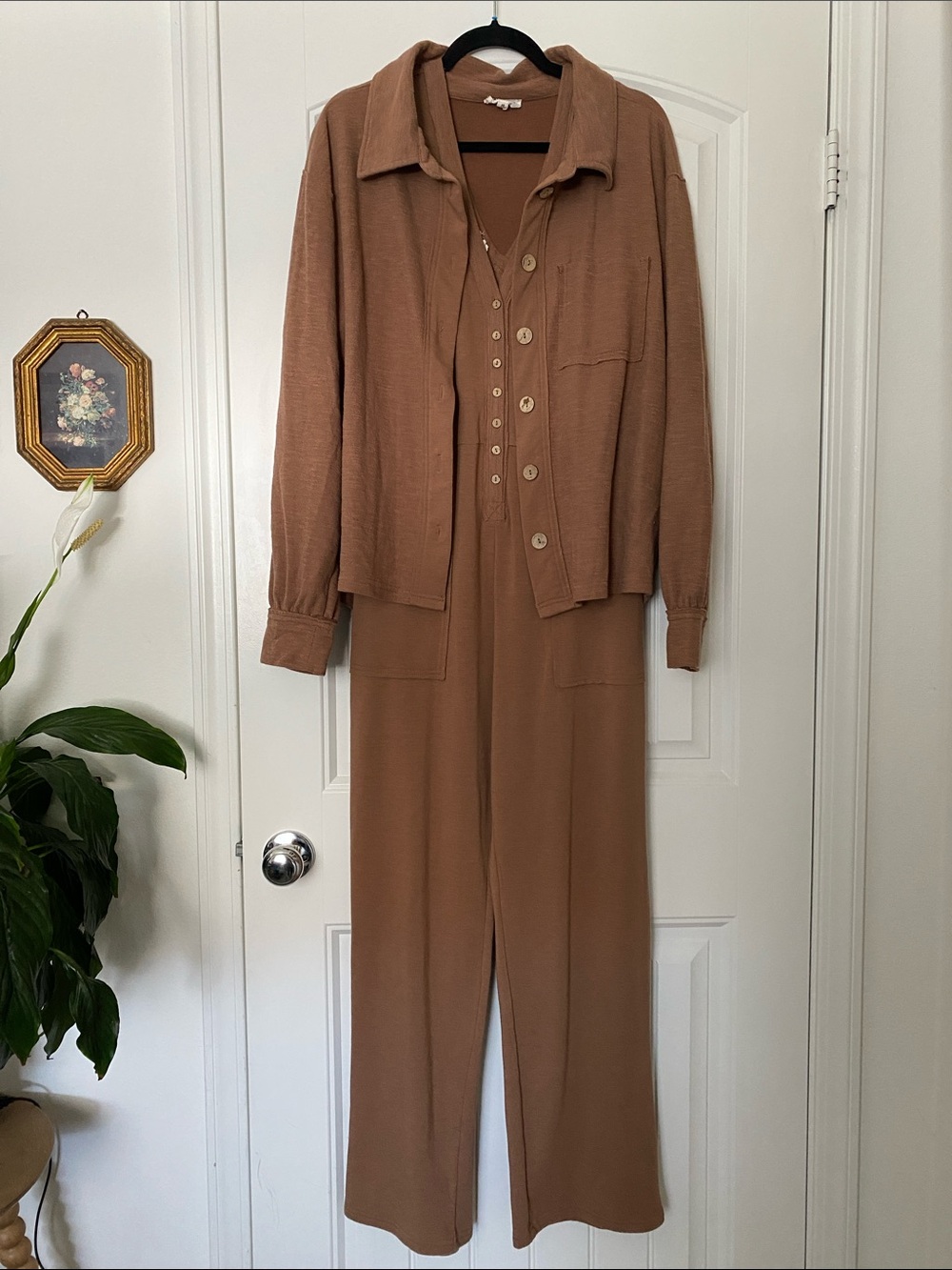 &Merci Button-Front Jumpsuit with Matching Jacket - Brown